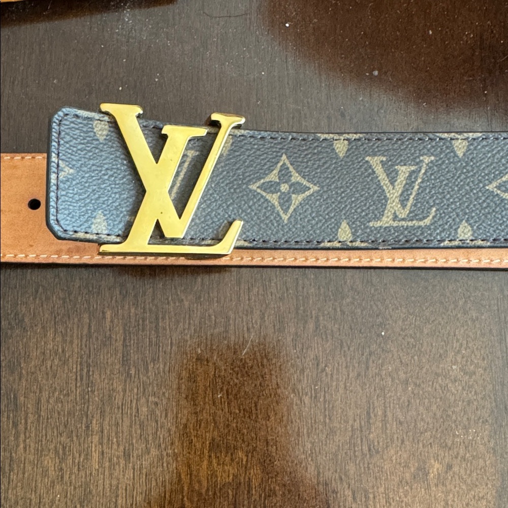 Louis Vuitton Black and Brown Monogram Belt with Gold Logo Buckle